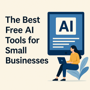 Illustration showing small business owner using free AI tools on laptops and tablets to streamline operations and boost productivity